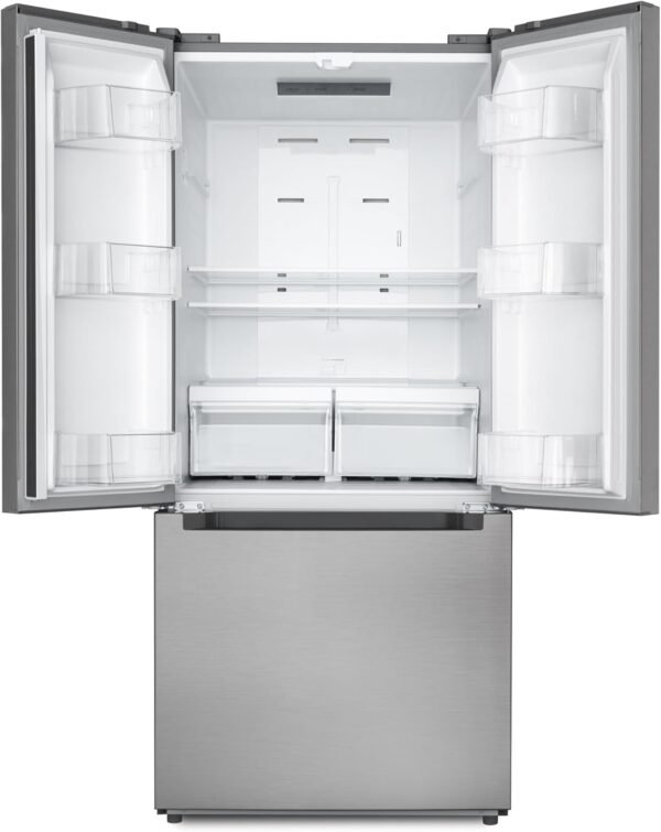 koolmore km rerfdss 18c 30 inch and 18.5 cu. ft. counter depth french refrigerator with three doors and deep freezer in stainless steel. silver